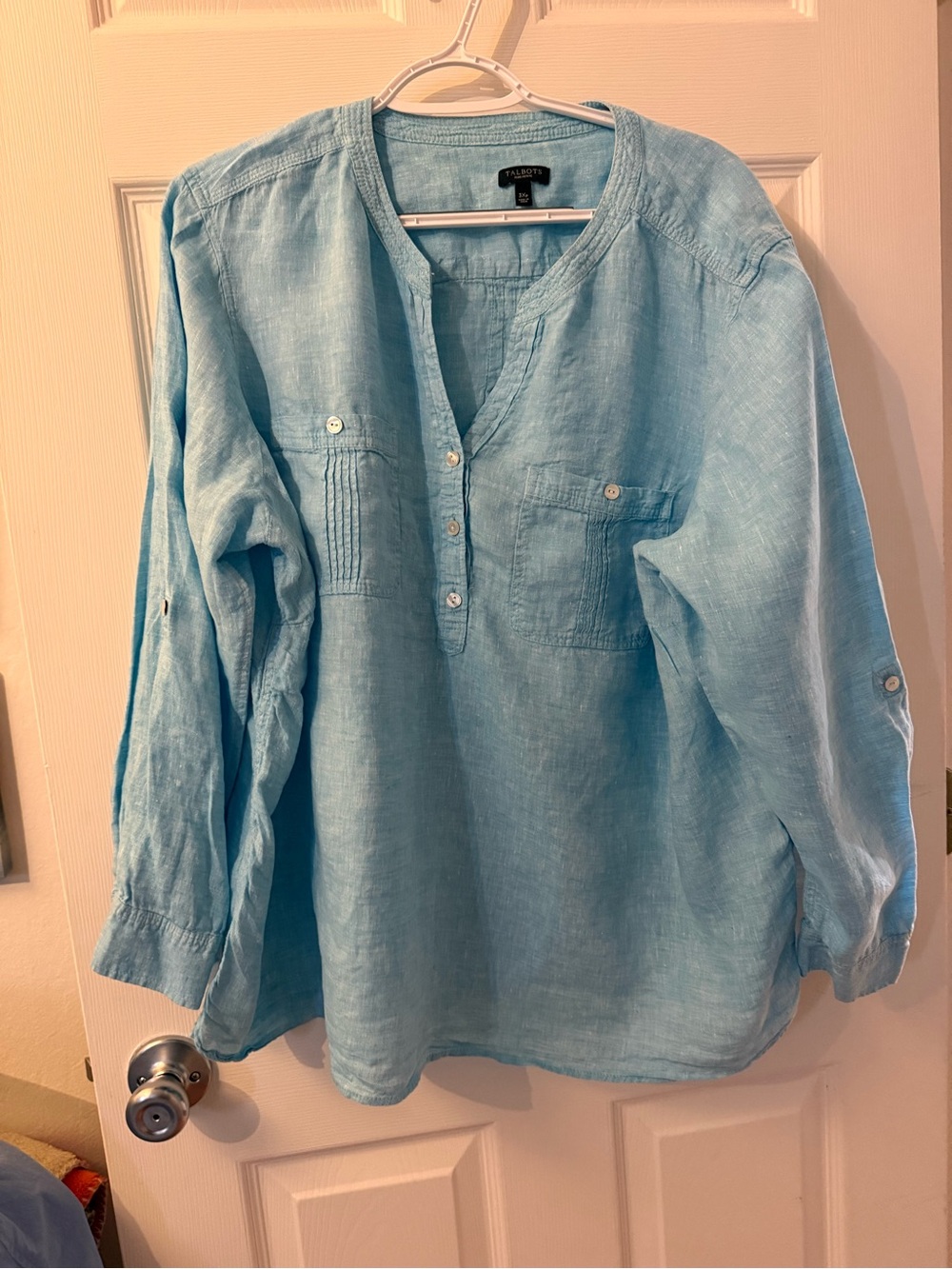 Talbots 100%Linen Light Blue Henley Tunic